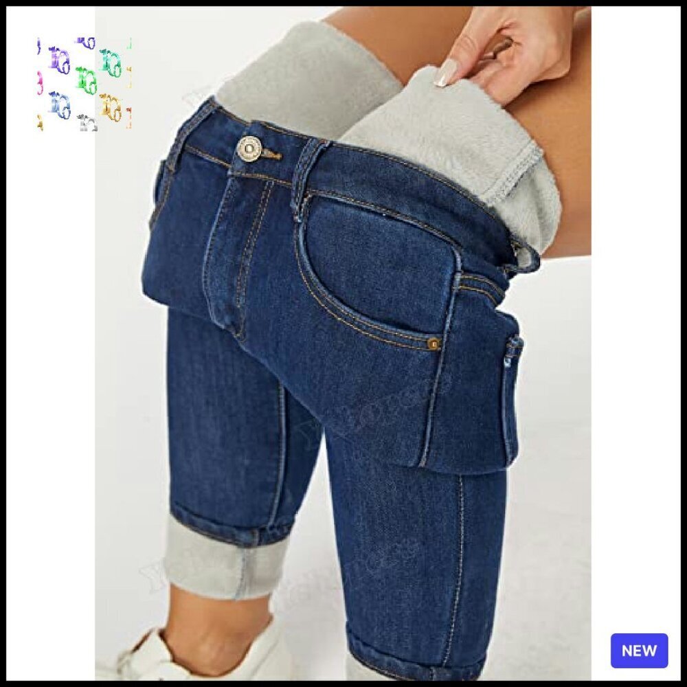 Fleece Lined Skinny Jeans High Waist Warm Thermal Slim Fit Winter Pants - Picture 3 of 8